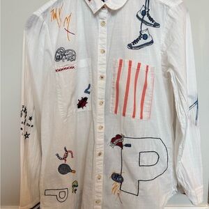 Pilcro White Button Down with Colorful Embroidery